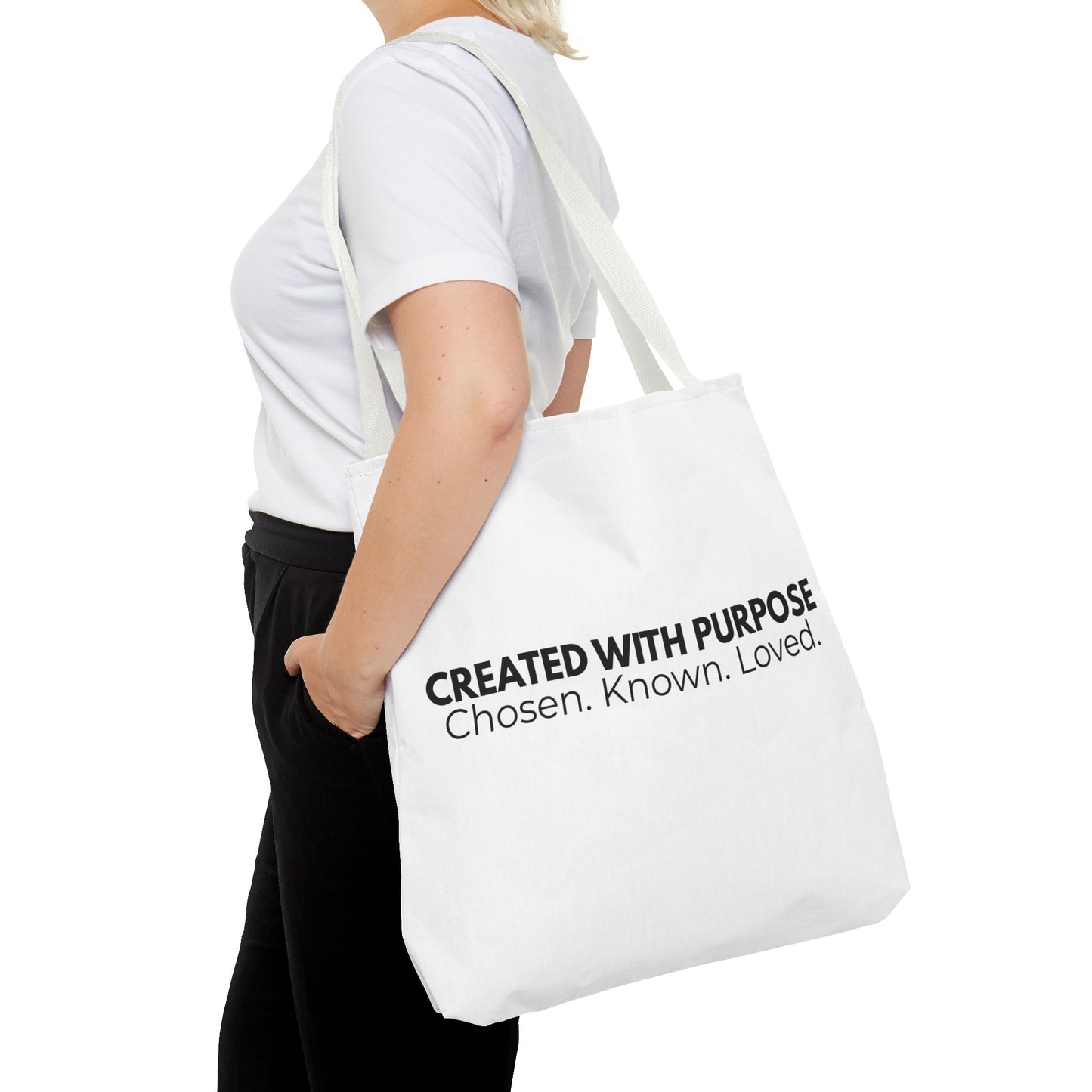 Created With Purpose Tote Bag — “Chosen. Known. Loved.” Inspirational Canvas Tote