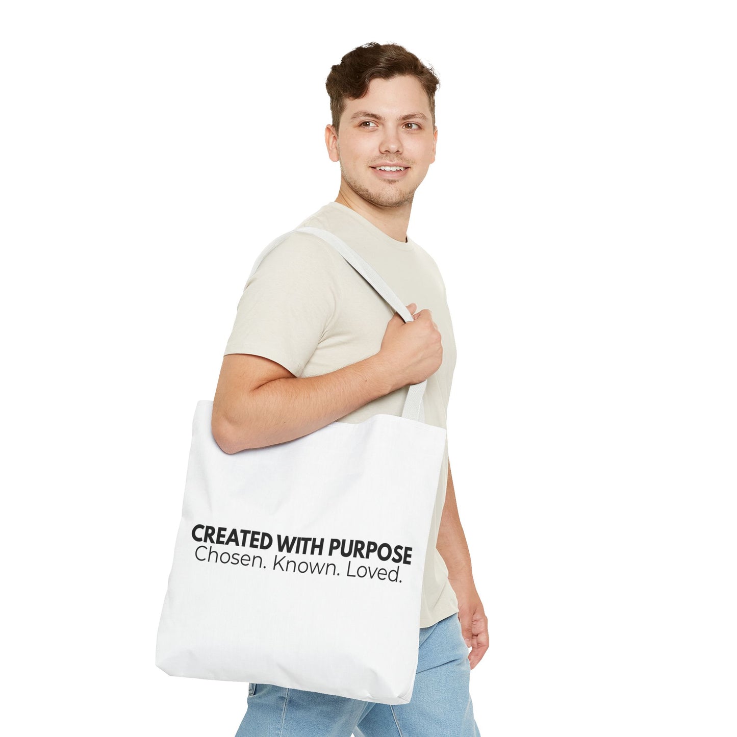 Created With Purpose Tote Bag — “Chosen. Known. Loved.” Inspirational Canvas Tote