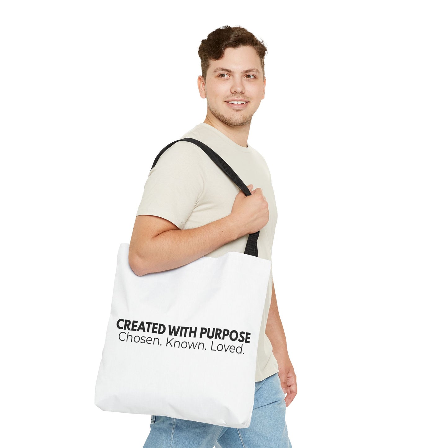 Created With Purpose Tote Bag — “Chosen. Known. Loved.” Inspirational Canvas Tote