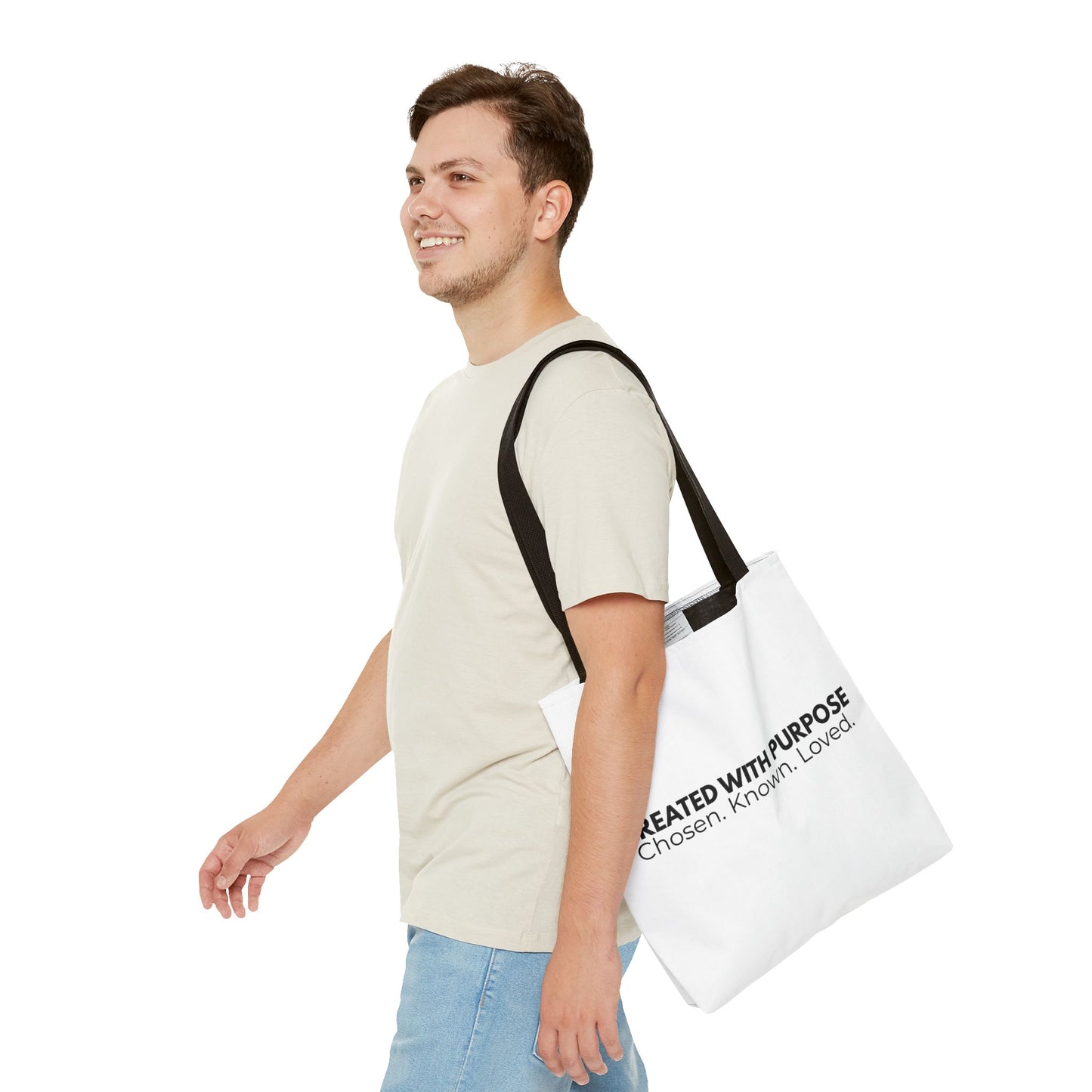 Created With Purpose Tote Bag — “Chosen. Known. Loved.” Inspirational Canvas Tote