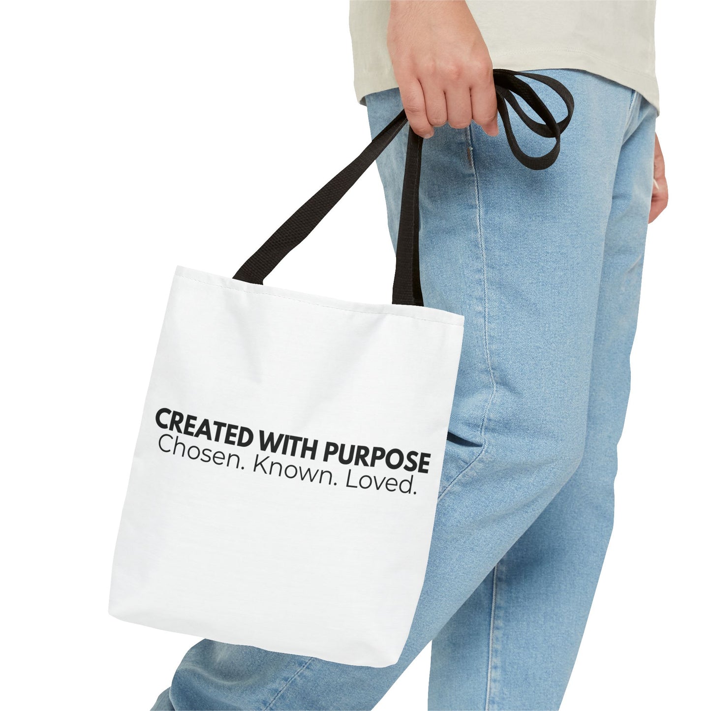 Created With Purpose Tote Bag — “Chosen. Known. Loved.” Inspirational Canvas Tote