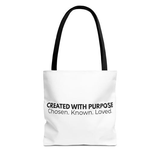 Created With Purpose Tote Bag — “Chosen. Known. Loved.” Inspirational Canvas Tote
