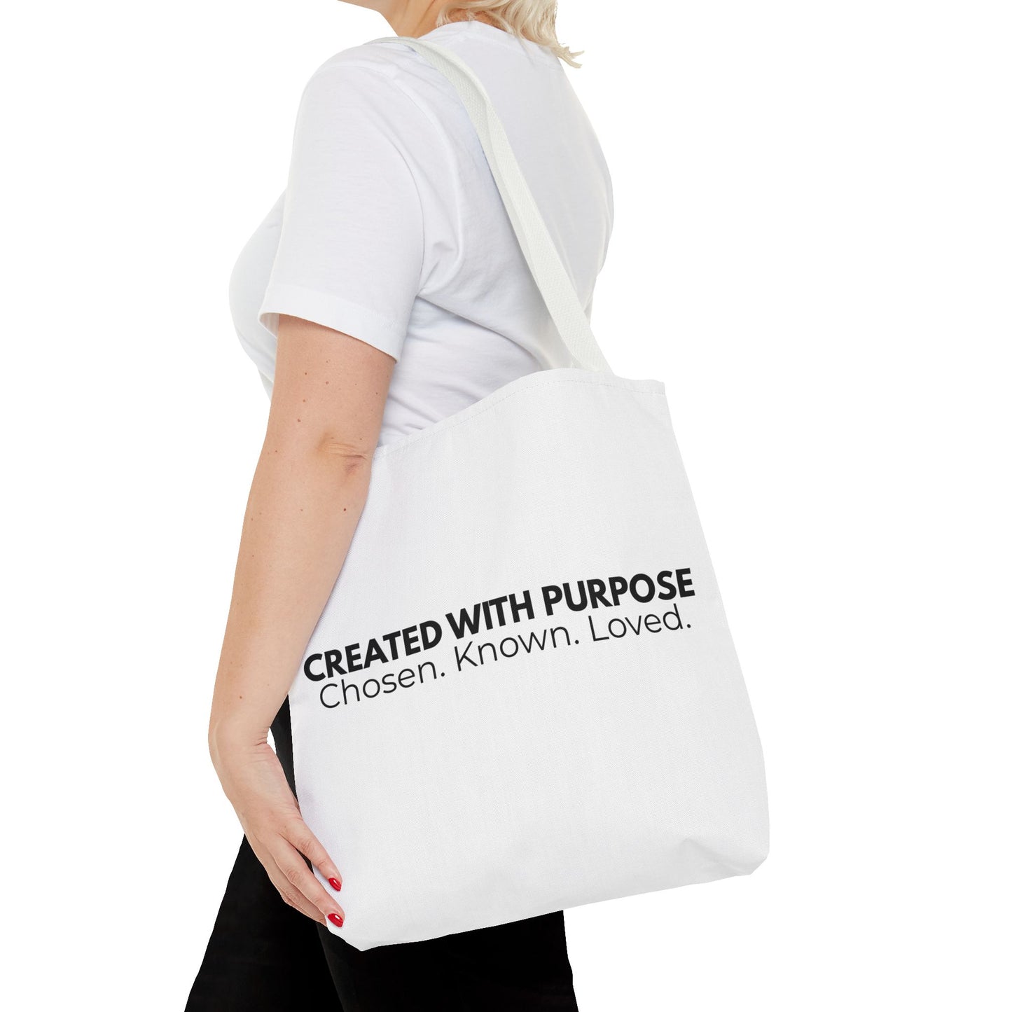 Created With Purpose Tote Bag — “Chosen. Known. Loved.” Inspirational Canvas Tote