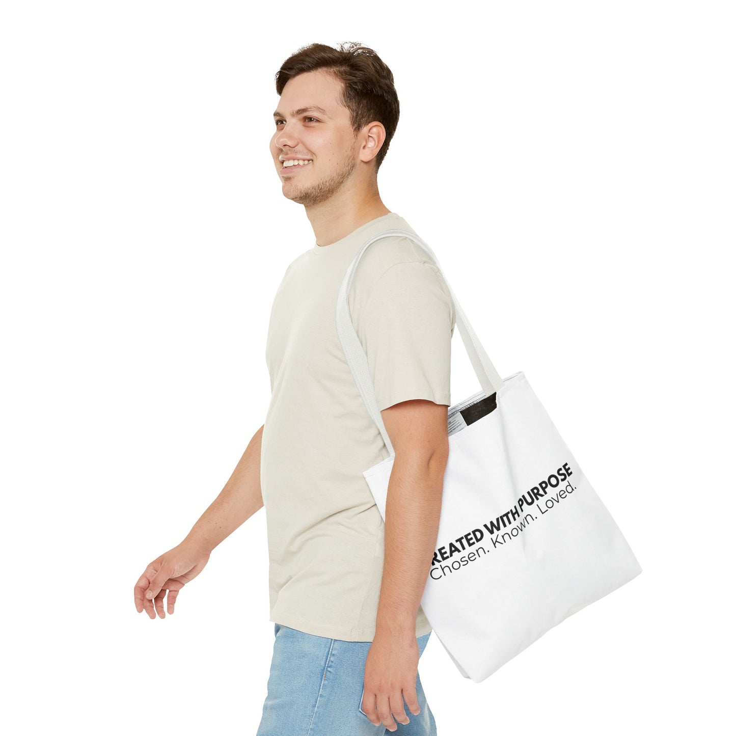 Created With Purpose Tote Bag — “Chosen. Known. Loved.” Inspirational Canvas Tote