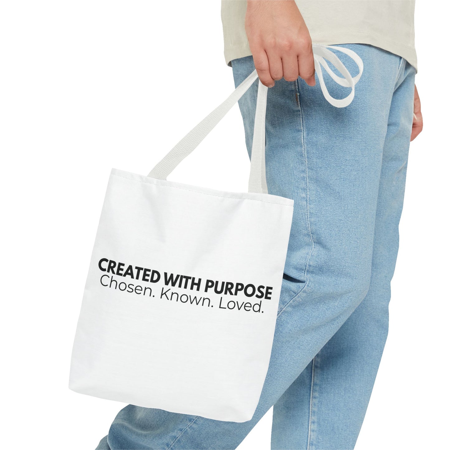 Created With Purpose Tote Bag — “Chosen. Known. Loved.” Inspirational Canvas Tote
