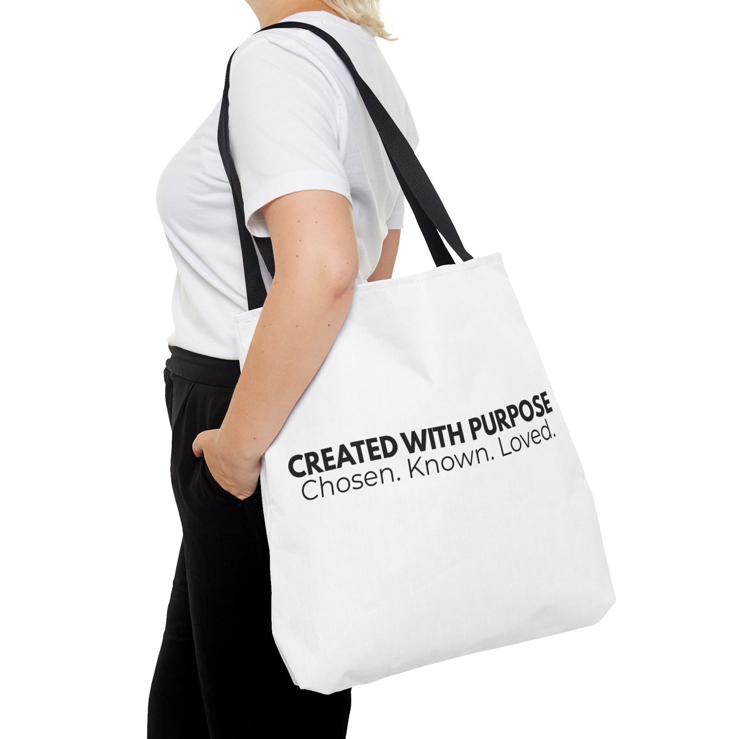 Created With Purpose Tote Bag — “Chosen. Known. Loved.” Inspirational Canvas Tote