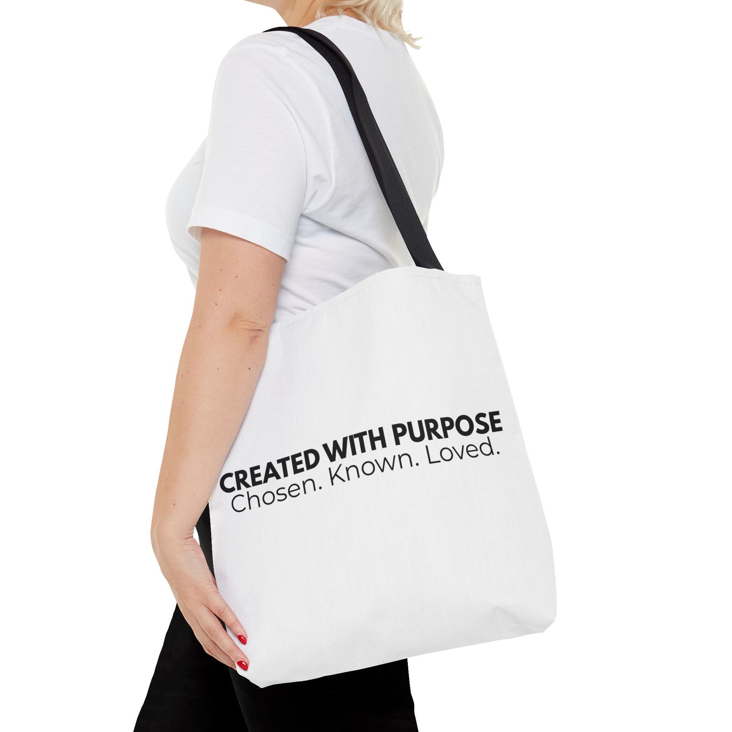 Created With Purpose Tote Bag — “Chosen. Known. Loved.” Inspirational Canvas Tote